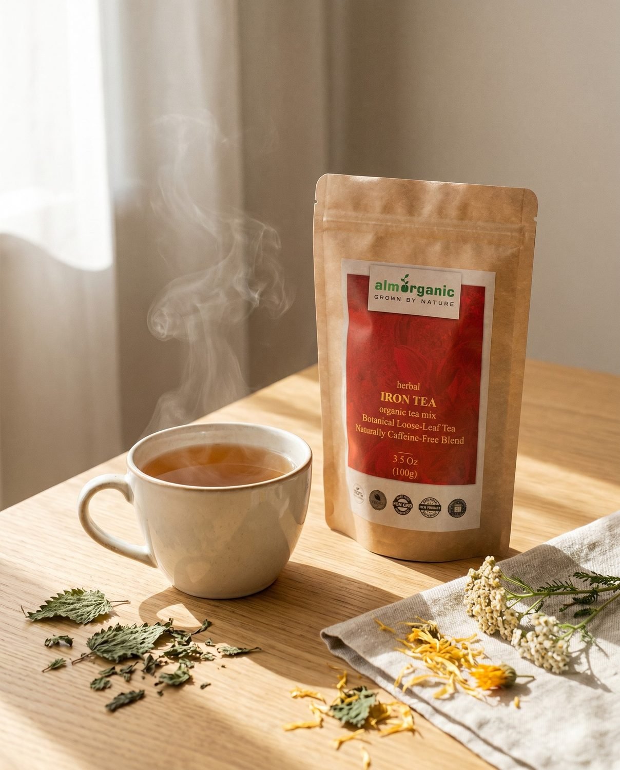 A steaming cup of Alm Iron Tea beside the pouch and loose Bulgarian herbs on a sunlit table