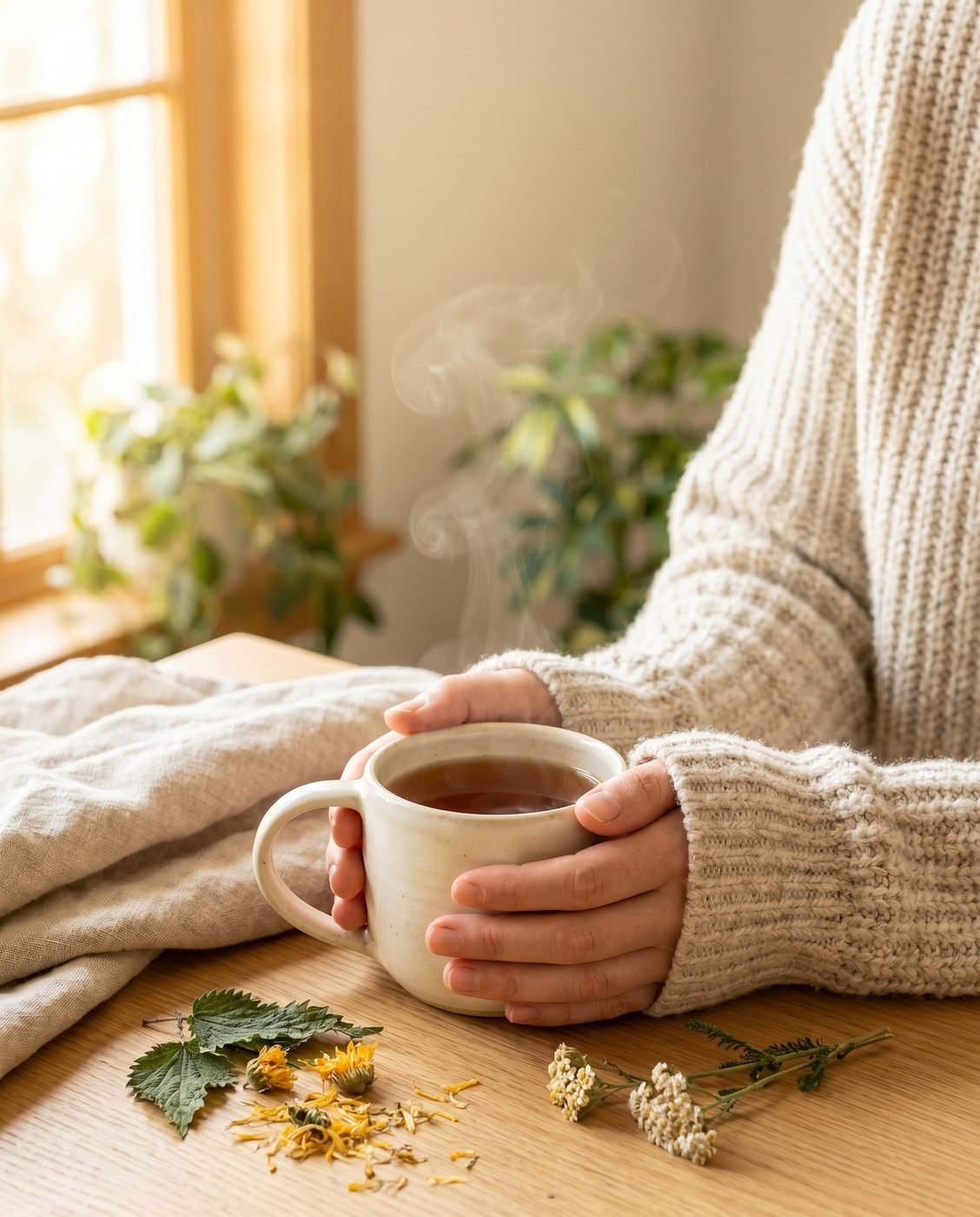 A calm morning herbal-tea ritual by the window
