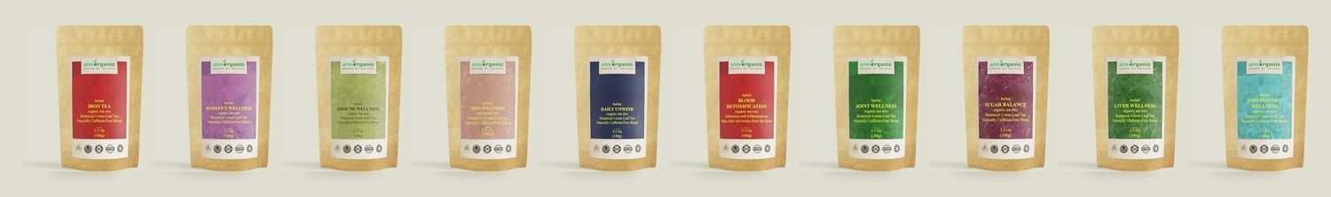 The Alm Organic family — ten single-focus wild Bulgarian herbal tea blends in a row